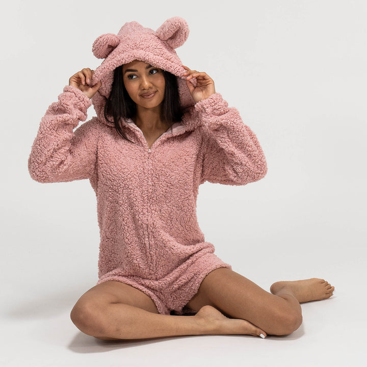Women's Pink Teddy Ear Fleece Romper 05