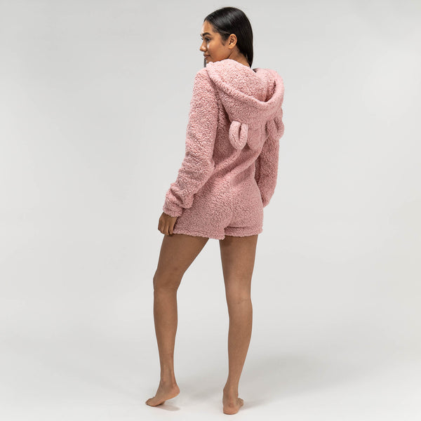 Women's Pink Teddy Ear Fleece Romper Fabric Close-up Image